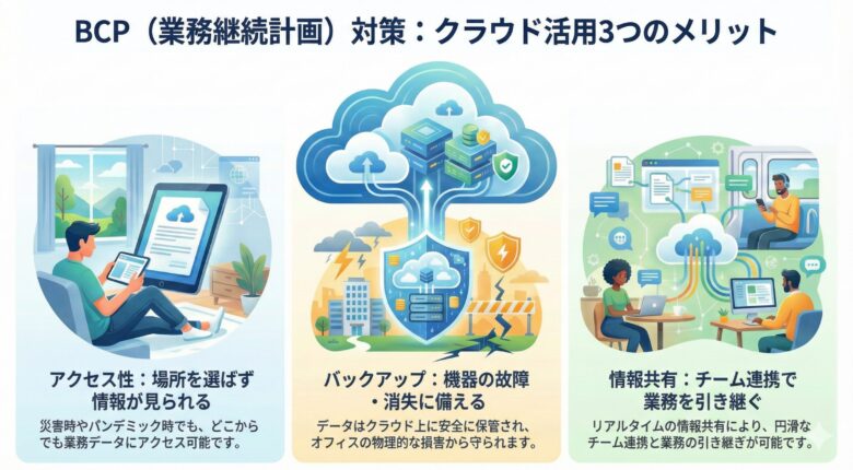BCP(業務継続計画)対策におけるクラウド活用の3つのメリット:アクセス性、バックアップ、情報共有