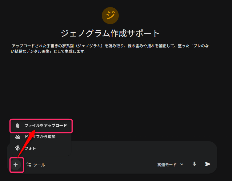 「ジェノグラム作成サポート」というAIツールの操作画面です。黒い背景の上部にはツール名と、「手書きの家系図を読み取り、線を補正して綺麗なデジタル画像として生成する」という説明文があります。画面下部には、ファイルのアップロード手順がピンクの枠と赤い矢印で強調されています。左下の「+」ボタンをクリックして表示されるメニューから、「ファイルをアップロード」を選択する操作ガイドとなっています。