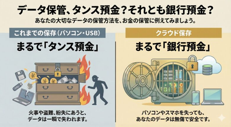 データ保管方法の比較図解:これまでの保存(パソコン・USB)は「タンス預金」のように火事や盗難で失われるリスクがあるが、クラウド保存は「銀行預金」のように端末を失ってもデータは安全に守られるというメリットを説明。