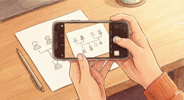 木目調のデスクの上で、スマートフォンのカメラを使って紙に描かれた家系図を撮影している様子を描いたイラストです。両手でスマートフォンを水平に持ち、画面越しに図を捉えています。デスクの上には家系図が描かれた白い紙と一本のペンが置かれています。全体的に温かみのあるオレンジや茶色のトーンで統一された、柔らかいタッチの描画スタイルです。スマートフォンの画面内には、紙に描かれたものと同じ構成の家系図がはっきりと映し出されています。