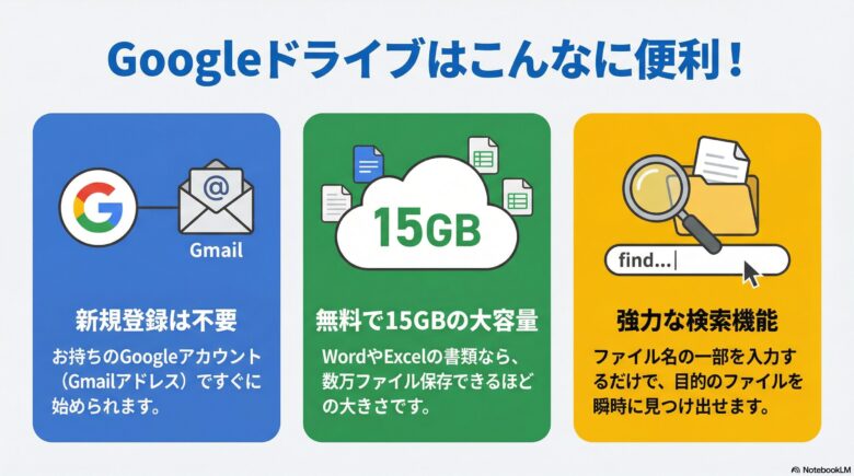 Googleドライブの3つのメリットを紹介する図解:新規登録不要、無料で15GBの大容量、強力な検索機能について