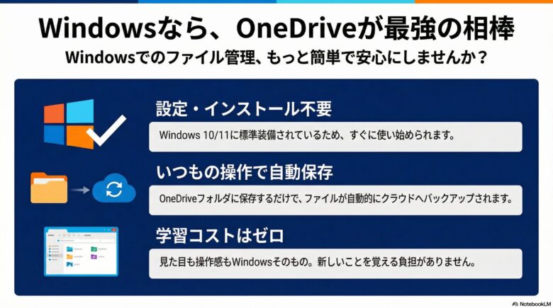 WindowsユーザーにOneDriveが最適な3つの理由:設定・インストール不要、いつもの操作で自動保存、学習コストゼロについて