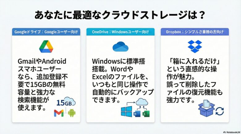 Googleドライブ、OneDrive、Dropboxのクラウドストレージ3社比較チャート。Googleユーザー向けのGoogleドライブ(15GB無料)、Windowsユーザー向けのOneDrive(標準搭載・自動保存)、シンプルさ重視のDropbox(直感的・復元機能)という、それぞれの最適な選び方と特徴を解説。