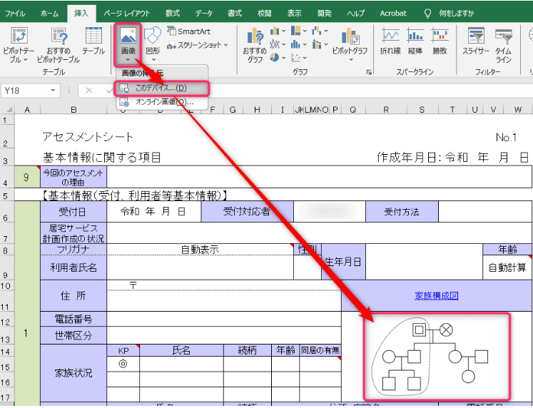 Microsoft Excelの「挿入」タブから画像を挿入する手順を示すスクリーンショット。画面上部のリボンメニューで「画像」アイコンと、ドロップダウンメニュー内の「このデバイス...」という項目が赤枠で囲まれています。そこから赤い矢印が、エクセルシート右下の「家族状況」欄にある家族構成図(家系図のイラスト)に向かって引かれており、PC内の画像ファイルをシート上の特定の場所に挿入する操作方法を視覚的に説明しています。