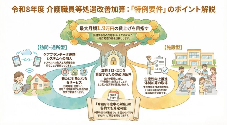 令和8年度介護職員等処遇改善加算の「特例要件」を木に見立てて解説する図解。中央の大きな樹木は「最大月額1.9万円の賃上げを目指す」という成果を実らせています。左側の青い枝（訪問・通所型）では「ケアプランデータ連携システムへの加入」や「新対象サービス」への適用を、右側の黄色い枝（施設型）では「生産性向上推進体制加算の取得」を必須条件として提示。幹の部分では、令和8年度中に対応することを「誓約」すれば、申請時点で未達成でも算定を開始できるという柔軟な運用ルールを説明しています。