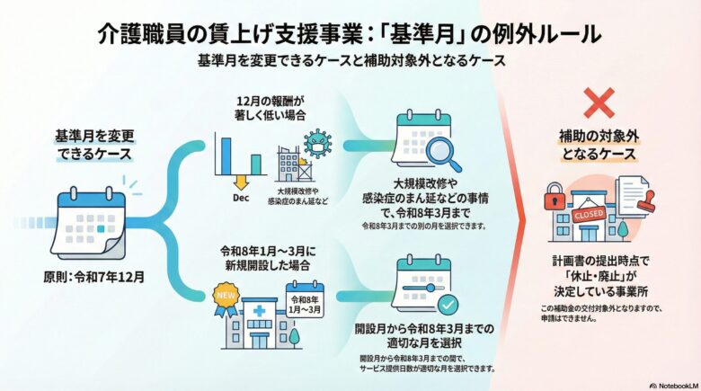 介護職員の賃上げ支援事業における「基準月」の例外ルールを説明する図解。左側に原則として「令和7年12月」の基準月が示され、中央には基準を変更できる2つのケースが描かれています。1つは12月の報酬が著しく低い場合で、令和8年3月までの別の月を選択可能。もう1つは令和8年1月〜3月に新規開設した場合で、適切な月を選択可能です。右側には補助対象外となるケースとして、計画書提出時点で休止・廃止が決定している事業所が赤い「×」印と共に記されています。