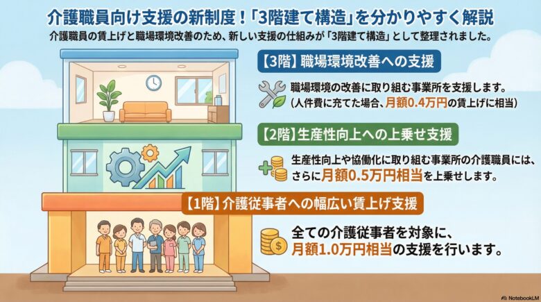 介護職員向けの新支援制度「3階建構造」を解説する図解。左側に3階建ての建物、右側に各階の詳細が記されています。1階は全従事者を対象とした月額1.0万円相当の賃上げ、2階は生産性向上に取り組む事業所への月額0.5万円相当の上乗せ、3階は職場環境改善への支援（賃上げに充てる場合は月額0.4万円相当）を説明しています。賃上げと職場環境改善を目的とした支援の仕組みを、階層構造で分かりやすく表現しています。