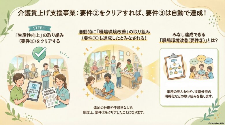介護賃上げ支援事業の要件緩和を説明する図解。左側にSTEP 1としてタブレット等を用いる「生産性向上（要件②）」のクリア、中央にそれが達成されれば「職場環境改善（要件③）」も追加手続きなしで自動達成とみなされる仕組みが描かれています。右側では要件③の内容として、業務の見える化や役割分担の明確化を解説しています。介護スタッフが活き活きと働くイラストを交え、制度の簡素化を分かりやすく伝えています。