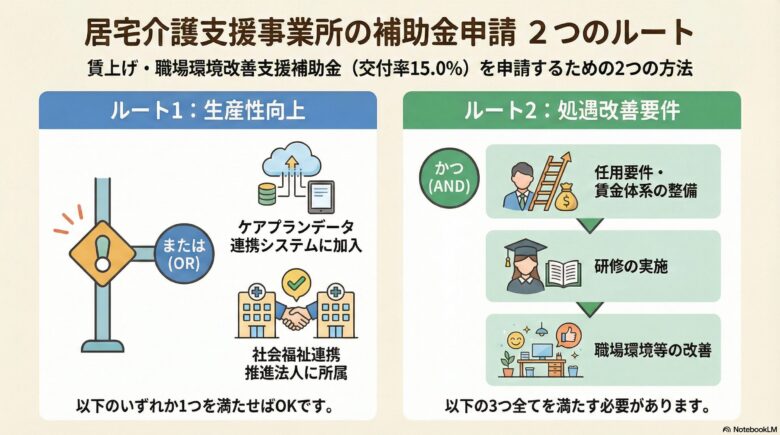 居宅介護支援事業所が「賃上げ・職場環境改善支援補助金」を申請するための2つのルートを解説する比較図。左側の「ルート1：生産性向上」は、「ケアプランデータ連携システムへの加入」または「社会福祉連携推進法人への所属」のいずれか1つを満たすことで要件をクリアできる簡略化されたルートです。右側の「ルート2：処遇改善要件」は、任用要件・賃金体系の整備、研修の実施、職場環境等の改善という3つの条件をすべて満たす必要があることが示されています。各ルートの条件をアイコンとテキストで対比させ、申請方法の選択肢を視覚的に整理しています。