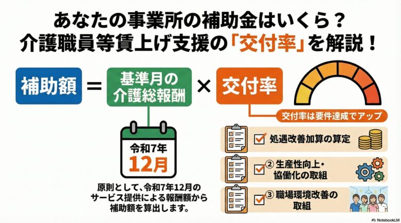 介護職員等賃上げ支援の「交付率」と補助額の計算方法を解説する図解。上段には「補助額 ＝ 基準月（令和7年12月）の介護総報酬 × 交付率」という計算式が色分けされたボックスで示されています。下段右側には、交付率をアップさせるための3つの要件として「処遇改善加算の算定」「②生産性向上・協働化の取組」「③職場環境改善の取組」がチェックリスト形式で並んでおり、これらを達成することで上部のメーターが上昇し、交付率が高まる仕組みを視覚的に説明しています。基準月が原則として令和7年12月であることもカレンダーのアイコンで強調されています。