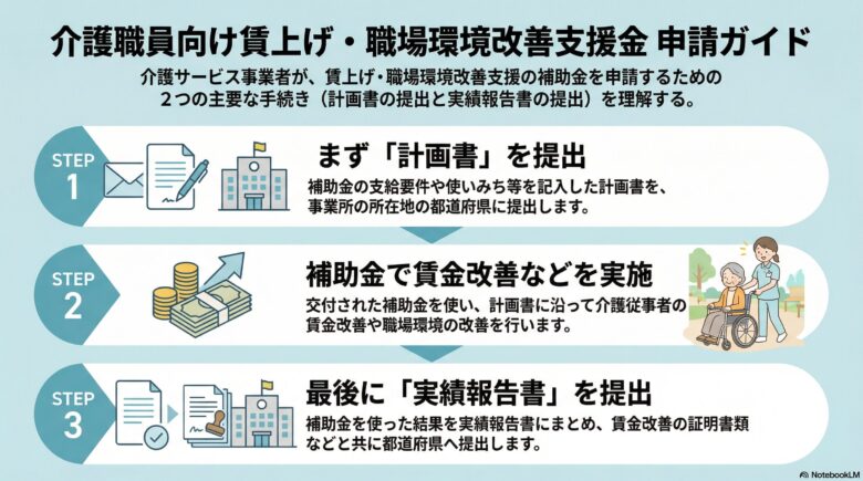 「介護職員向け賃上げ・職場環境改善支援金 申請ガイド」を解説する図解。

介護サービス事業者が補助金を申請するための3つのステップを時系列で説明しています。

* **STEP 1：まず「計画書」を提出**
補助金の支給要件や使いみち等を記入した計画書を、事業所の所在地の都道府県に提出します。
* **STEP 2：補助金で賃金改善などを実施**
交付された補助金を使い、計画書に沿って介護従事者の賃金改善や職場環境の改善を行います。車椅子に乗った高齢者をケアするスタッフのイラストが添えられています。
* **STEP 3：最後に「実績報告書」を提出**
補助金を使った結果を実績報告書にまとめ、賃金改善の証明書類などと共に都道府県へ提出します。

各ステップがアイコンと分かりやすい見出しで整理され、申請から完了までの主要な手続きの流れを一目で理解できる内容です。