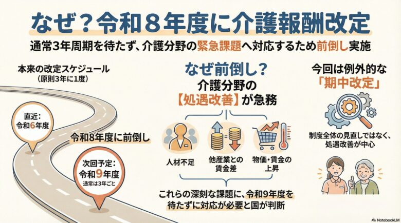 令和8年度の介護報酬改定を解説する図解。「なぜ？令和8年度に介護報酬改定」という見出しで、通常3年周期（令和6年度、9年度）のところを、介護分野の緊急課題に対応するため令和8年度に前倒し実施することを説明しています。理由は処遇改善が急務なためで、人材不足や物価上昇への対応が背景です。制度全体の見直しではなく処遇改善に特化した例外的な「期中改定」であることを、イラストや図を用いて示しています。