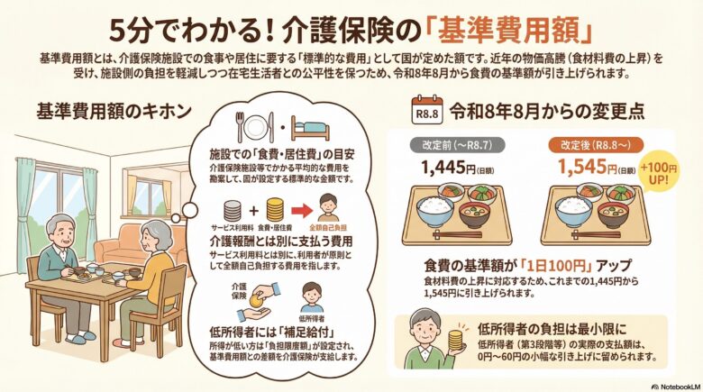 「5分でわかる！介護保険の『基準費用額』」と題された解説図。左側では基準費用額の基本として、施設での食費・居住費の目安であり、介護報酬とは別に利用者が原則全額自己負担する費用であることを説明。所得が低い方には「補足給付」があることも示されています。右側では令和8年8月からの変更点を解説。食材費の高騰を受け、食費の基準額が1日あたり1,445円から1,545円へ100円引き上げられることを、食事のイラストとともに示しています。低所得者の実際の支払額は0円〜60円の小幅な引き上げに留められる配慮についても記載されています。