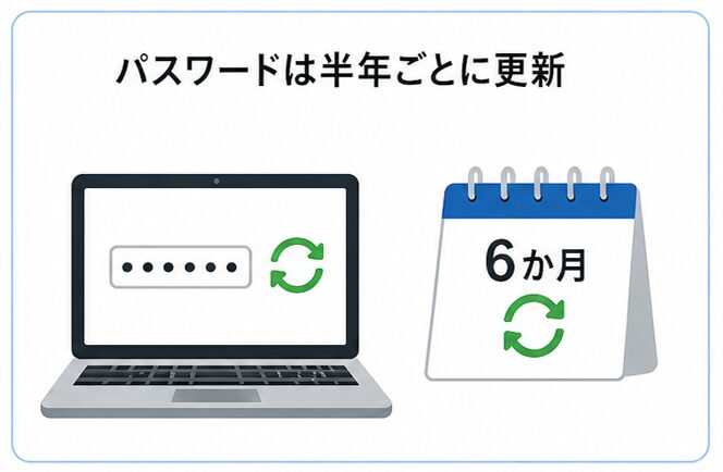 パスワード管理における運用ルールを示した図で、ノートパソコン上のパスワード入力画面と更新を示す循環アイコン、さらに「6か月」と記載されたカレンダーを組み合わせ、一定期間ごとに認証情報を変更することでセキュリティを維持する定期更新の仕組みを表している。