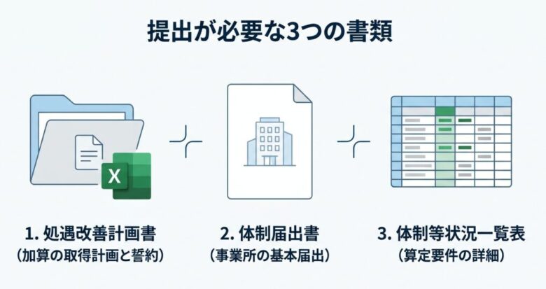 処遇改善加算の申請時に提出が必要な3種類の書類を示した図。処遇改善計画書、体制届出書、体制等状況一覧表の3書類について、それぞれの役割や記載内容をアイコン付きで整理し、申請手続きの全体構成を説明している。
