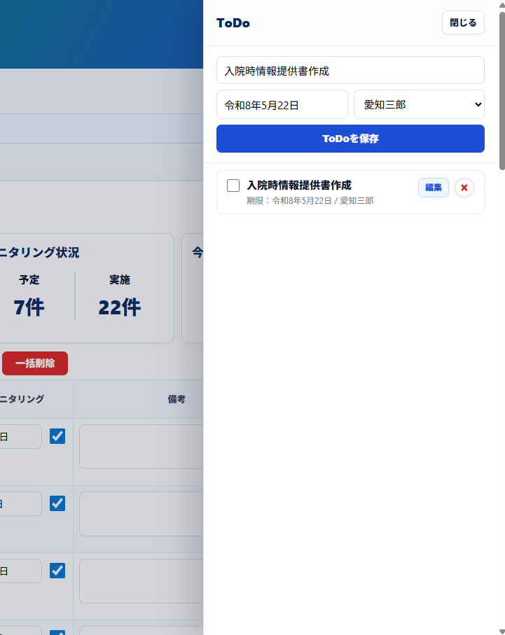 ToDo管理画面のサイドパネルを表示した画面。新規ToDo「入院時情報提供書作成」を登録するフォームがあり、期限として「令和8年5月22日」、担当者として「愛江三郎」が選択されている。下部には登録済みToDo一覧が表示され、編集ボタンと削除ボタンによる管理操作に対応している。
