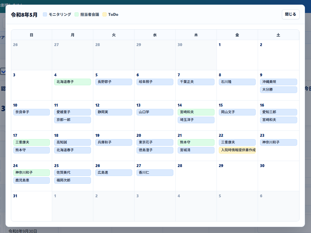令和8年5月のスケジュールカレンダー画面。モニタリング、担当者会議、ToDoを色分け表示しており、各日付に担当者名や予定内容が配置されている。5月22日には黄色のラベルで「入院時情報提供書作成」のToDoが登録されており、月間予定を一覧で確認できる構成になっている。
