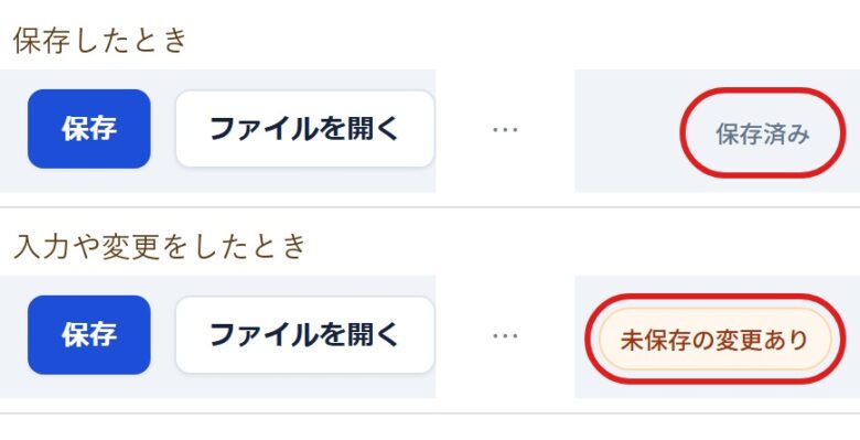 画面の左上に「保存」「ファイルを開く」、右上に状態の表示が出る。保存したときは「保存済み」、入力や変更をしたときは「未保存の変更あり」と表示される。