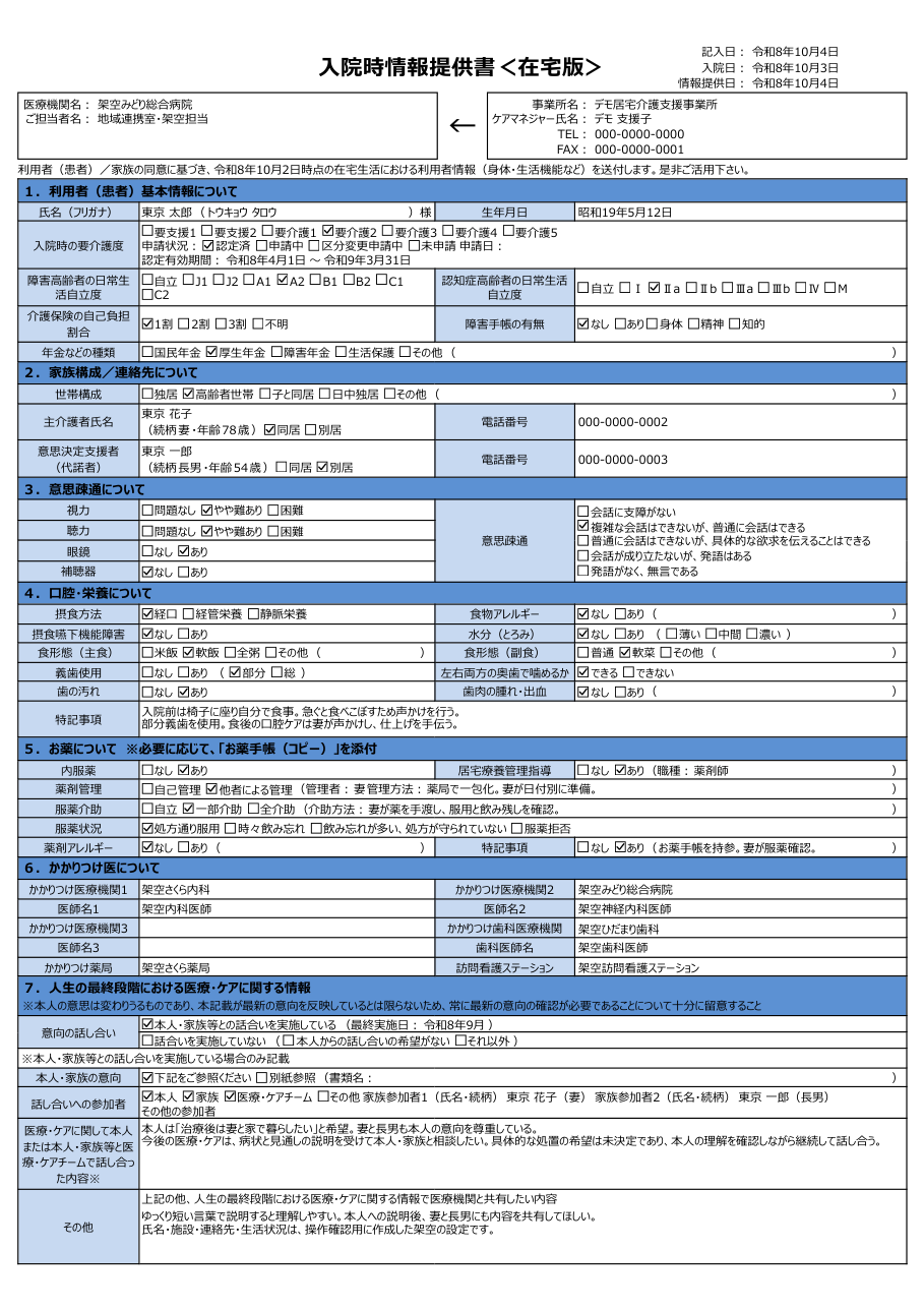 入院時情報提供書(新様式)の印刷イメージ1ページ目