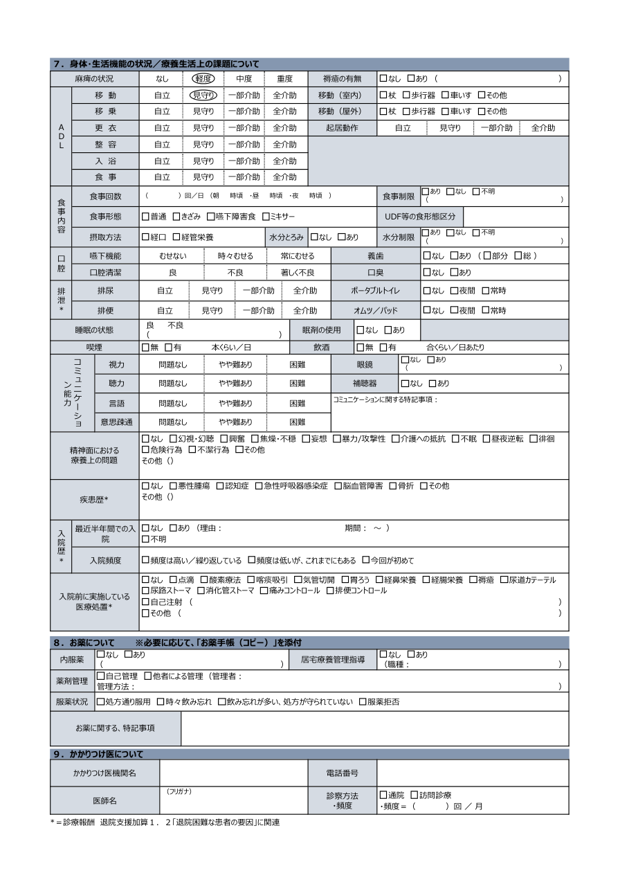 入院時情報提供書(旧様式)の印刷イメージ2ページ目